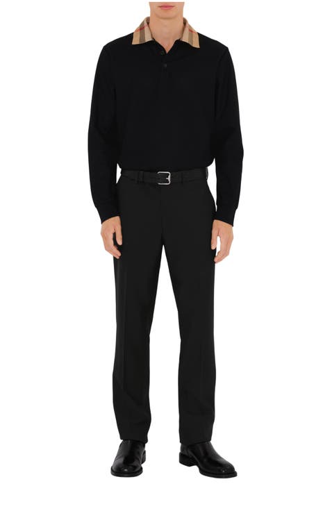 Long-sleeve Check Collar Cotton Polo Shirt