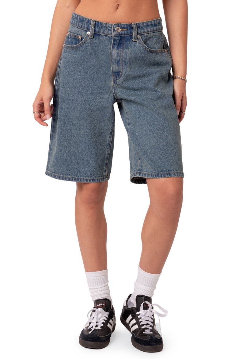 Oversize Low Rise Denim Bermuda Shorts, Main, color, BLUE-WASHED