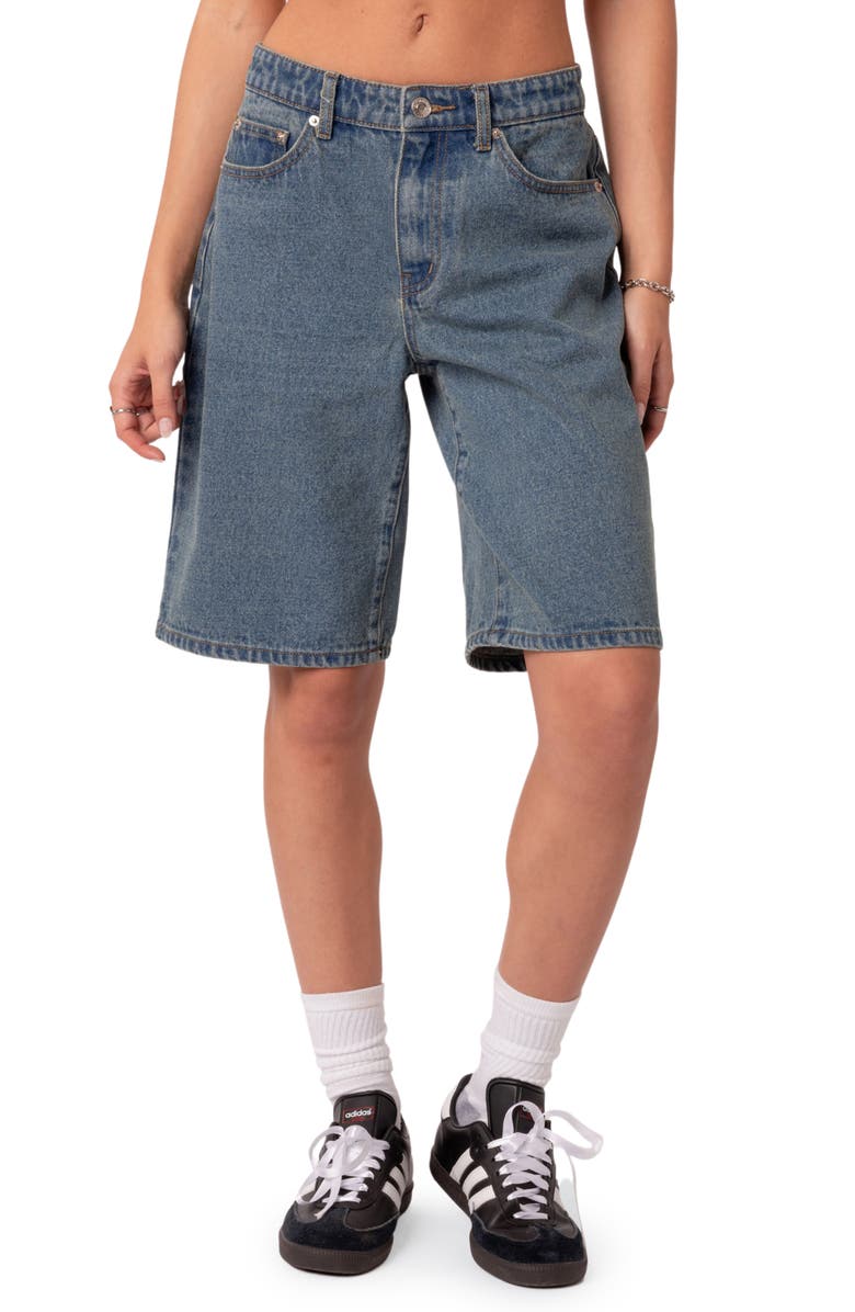 EDIKTED Oversize Low Rise Denim Bermuda Shorts, Main, color, Blue-Washed
