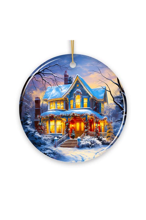 Snowy Victorian Cottage Glow Round Ceramic Ornament