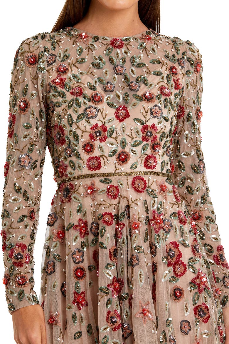 Petite Embellished High Neck Long Sleeve A-Line Gown, Alternate, color, Antique Rose