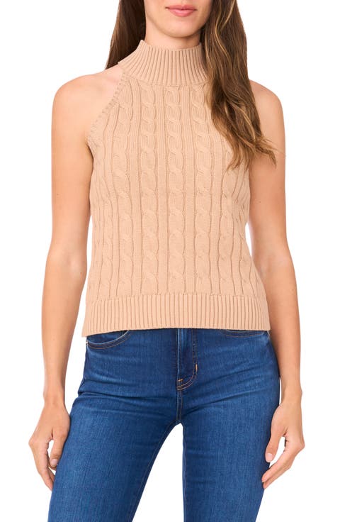 Turtleneck Cable Stitch Cotton Sweater Tank