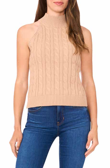 Halogen® Turtleneck Cable Stitch Cotton Sweater Tank