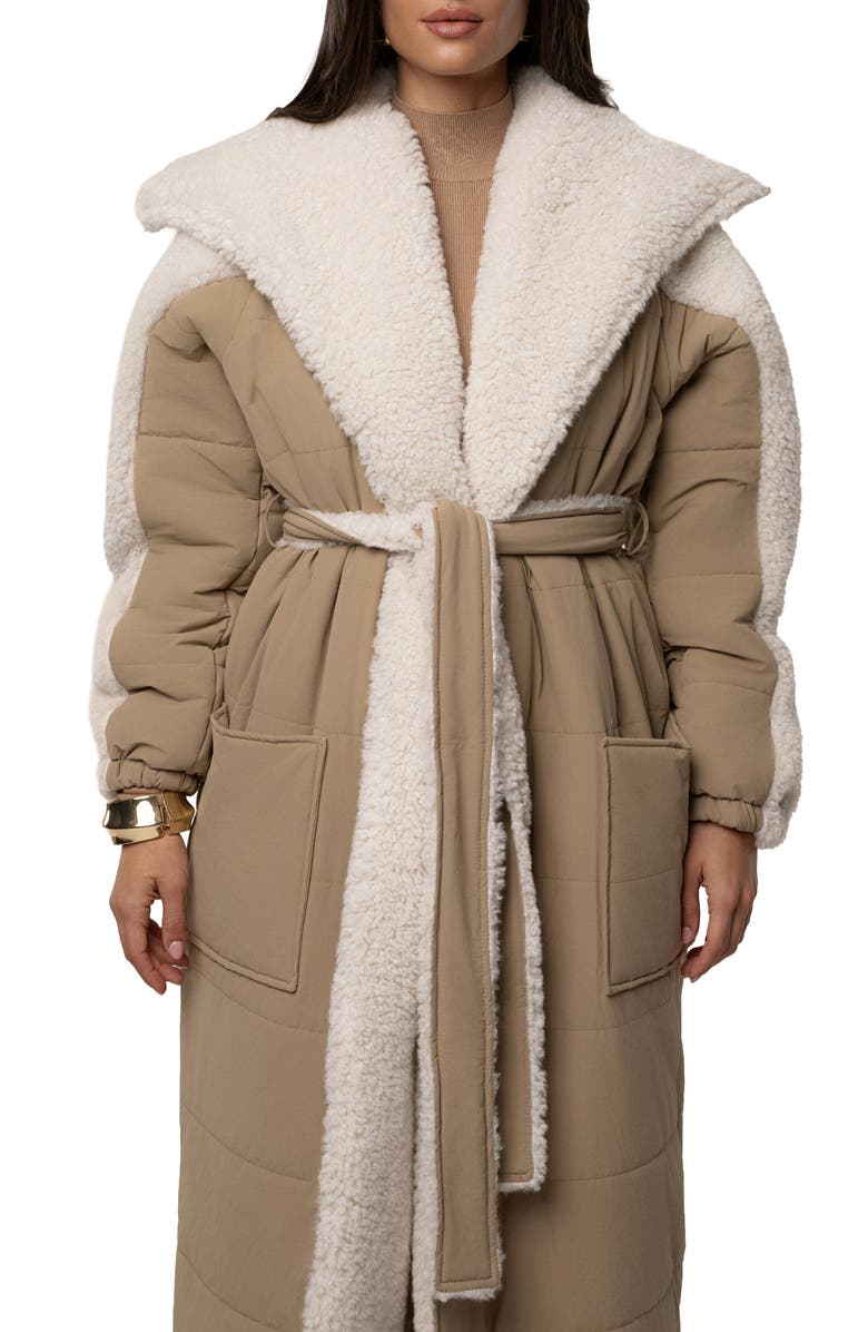 JLUXLABEL Quilted Longline Coat with High Pile Fleece Lining, Alternate, color, Beige