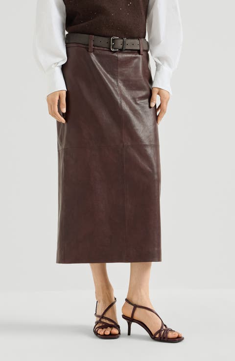 Polished nappa leather pencil skirt
