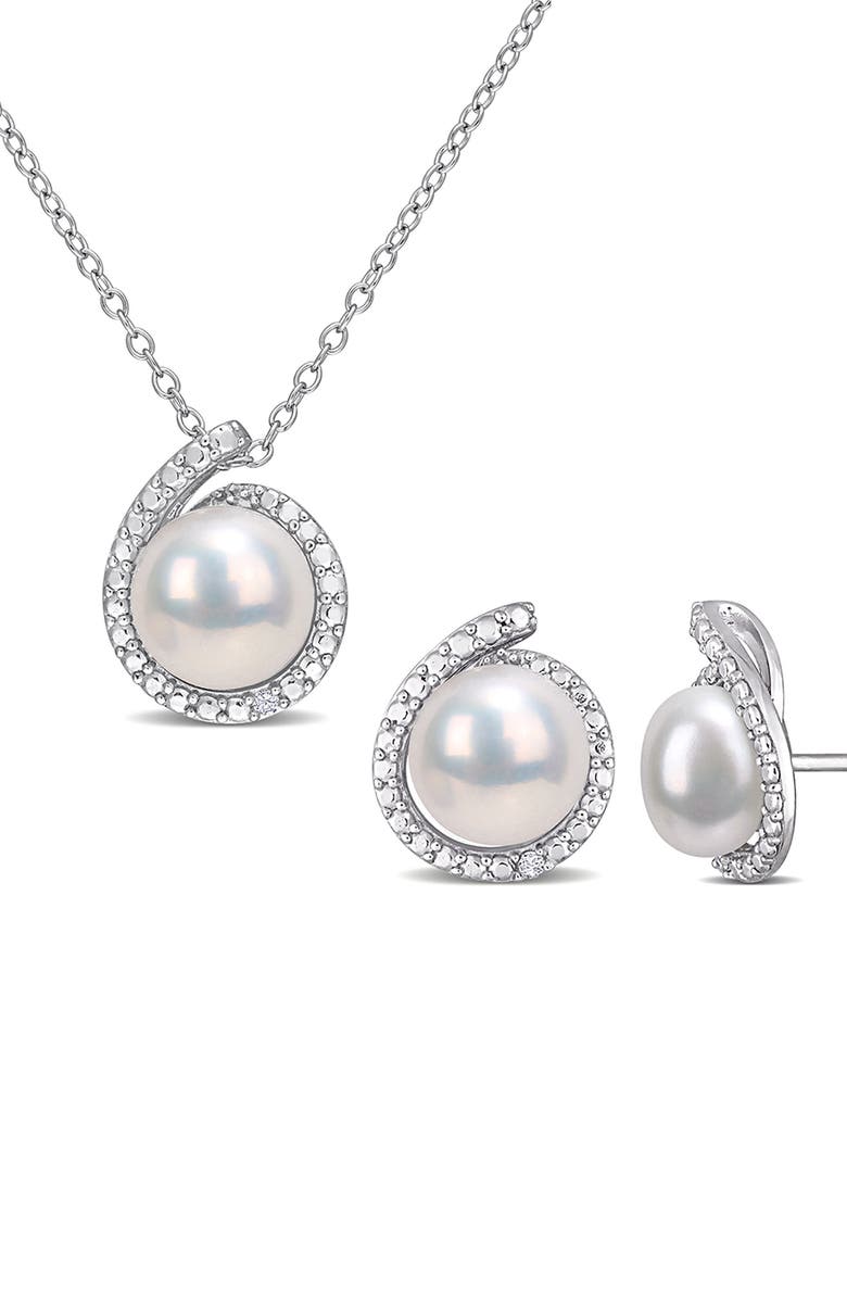 DELMAR Diamond & Pearl Stud Earrings & Pendant Necklace Set, Main, color, 