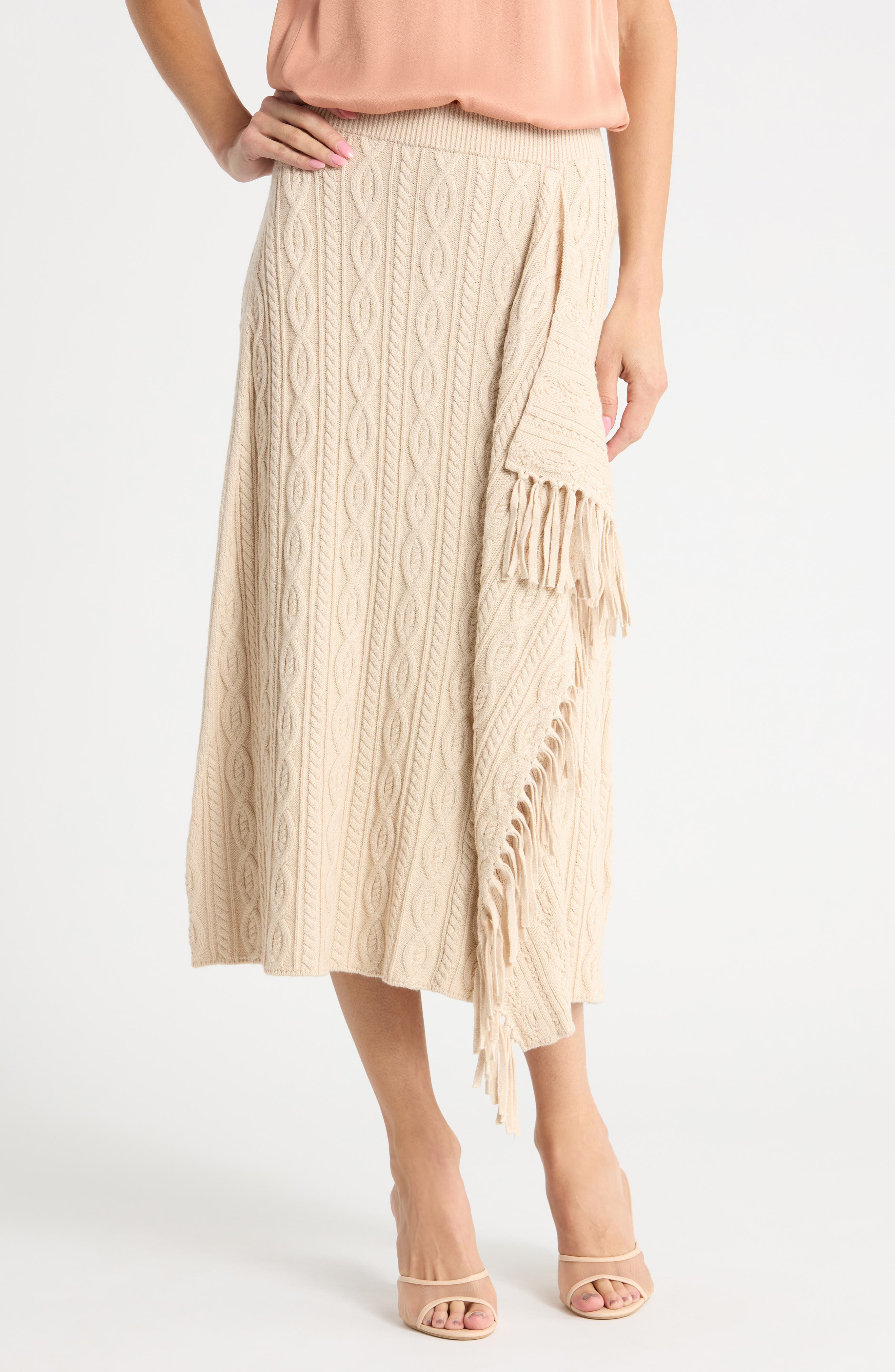 Kara Cable Knit Fringe Midi Skirt