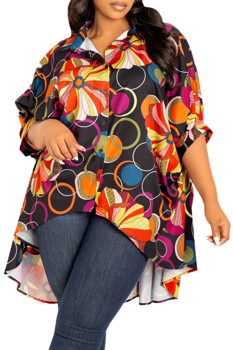 Mixed Geo Print High-Low Button-Up Shirt, Main, color, BLACK MULTI