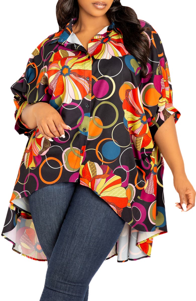 BUXOM COUTURE Mixed Geo Print High-Low Button-Up Shirt, Main, color, Black Multi