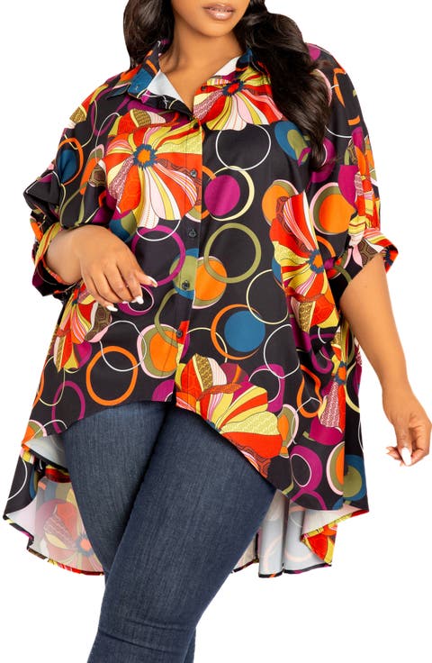 Mixed Geo Print High-Low Button-Up Shirt (Plus)