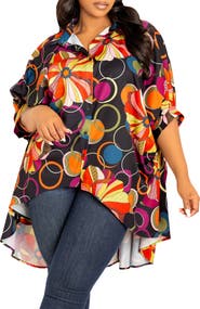 BUXOM COUTURE Mixed Geo Print High-Low Button-Up Shirt