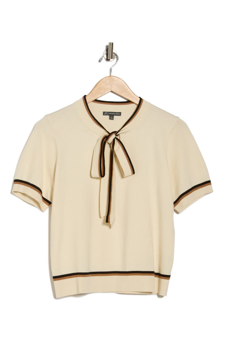 Double Tipped Tie Neck Sweater, Alternate, color, CREAM/ BLACK/ CAMEL