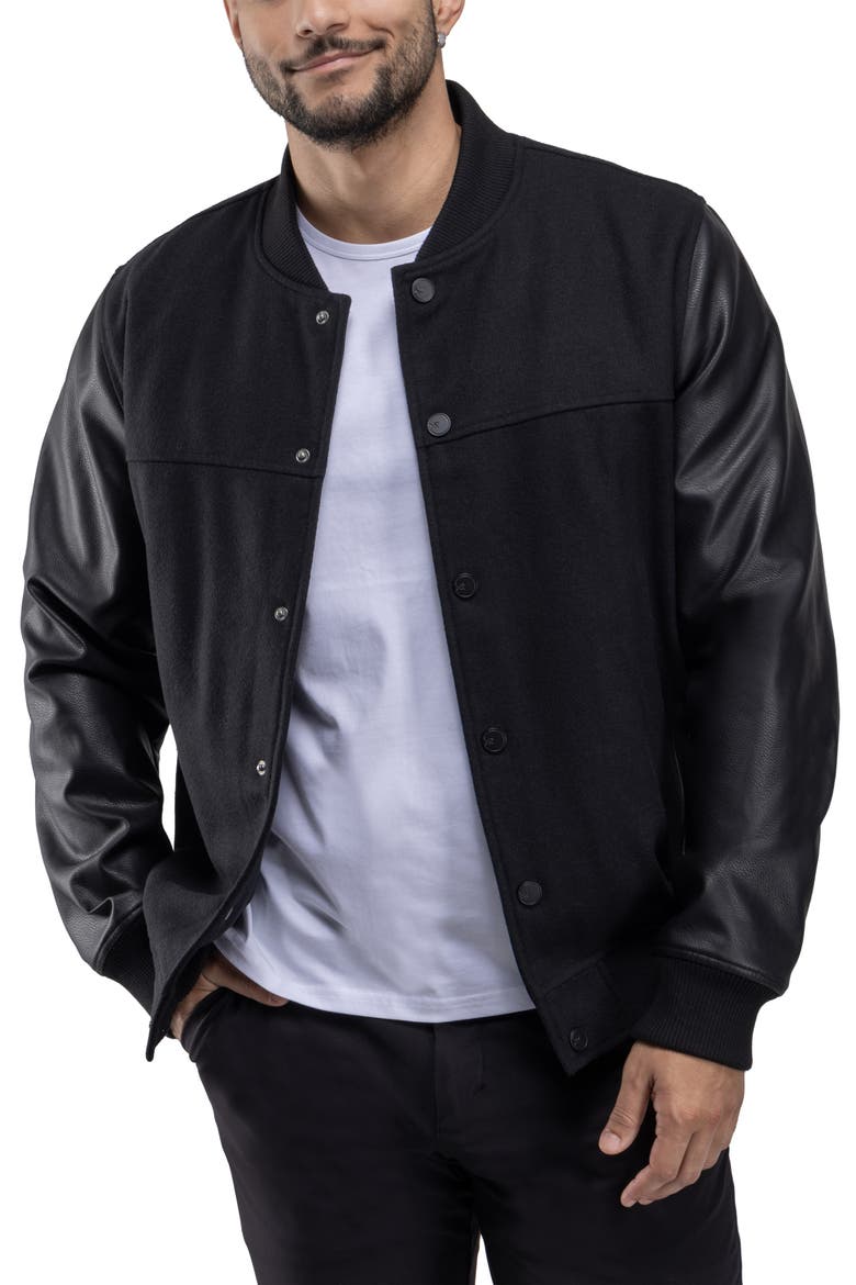 Mixed Media Faux Leather Bomber Jacket, Alternate, color, BLACK/ BLACK