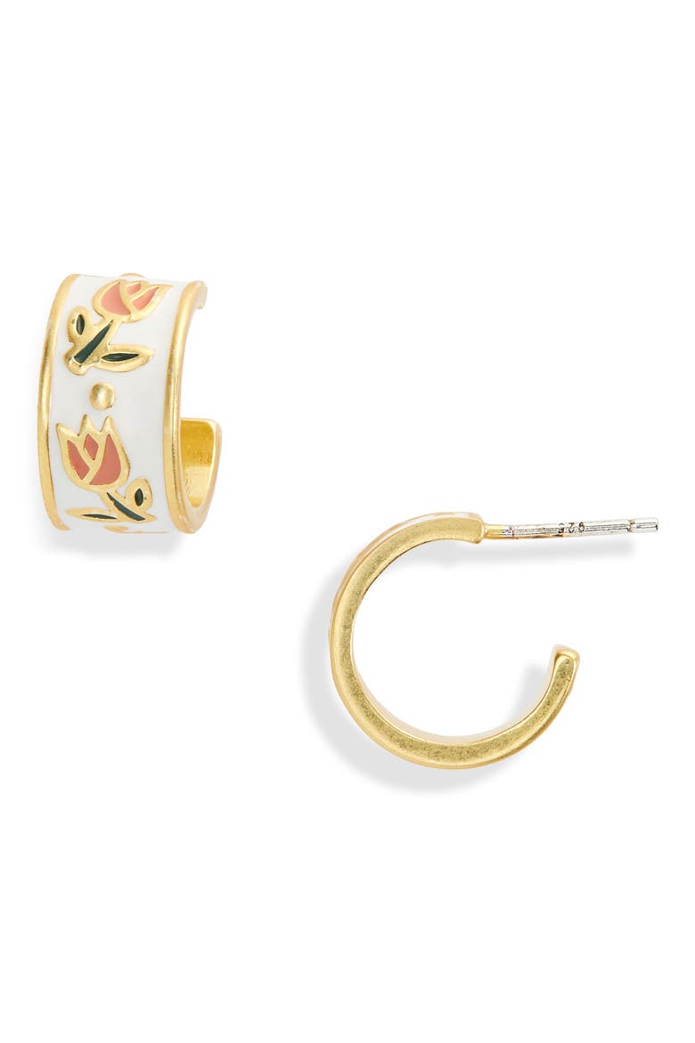 Enamel Tulip Huggie Hoop Earrings, Main, color, CORAL MULTI