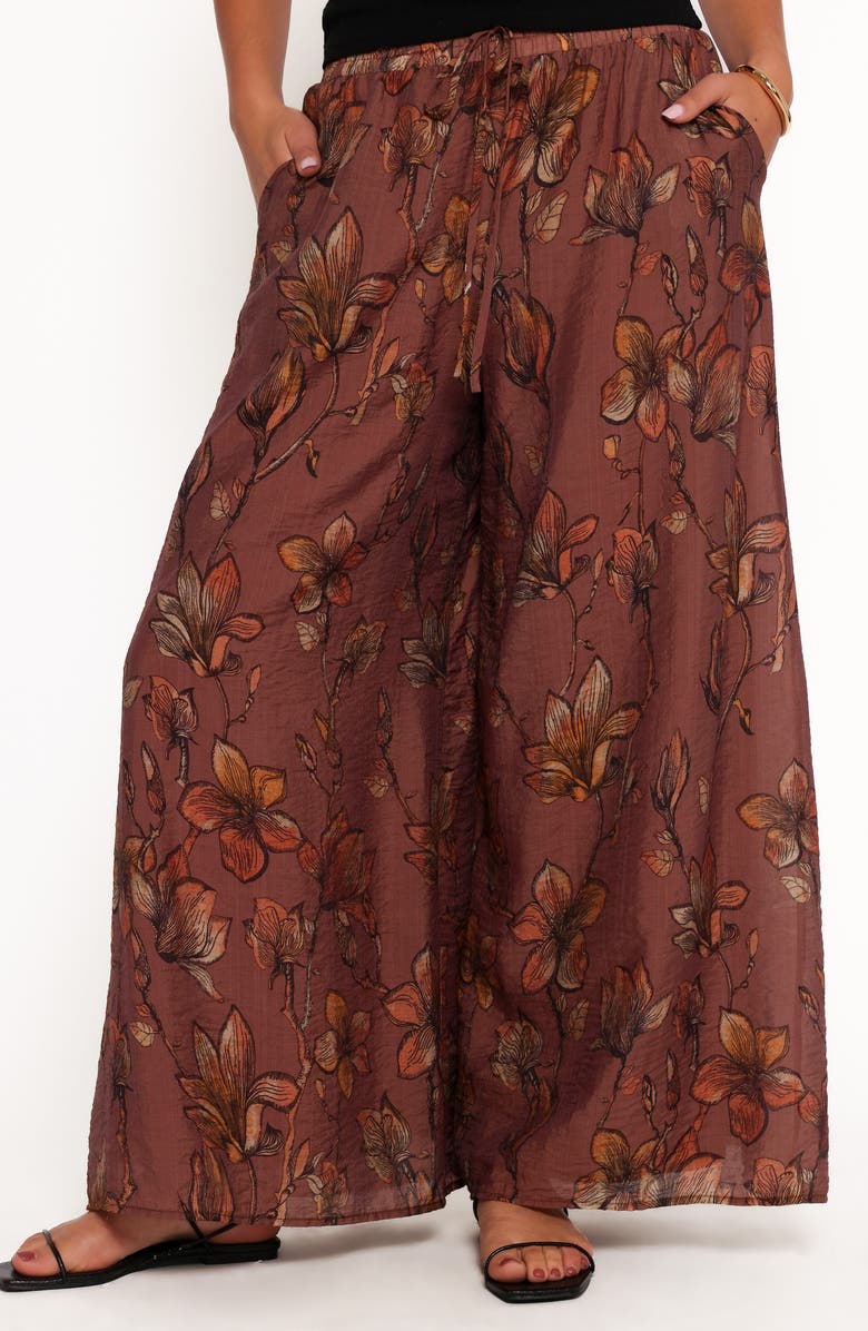 Petal & Pup Larson Floral Print Wide Leg Pants, Main, color, Brown Floral