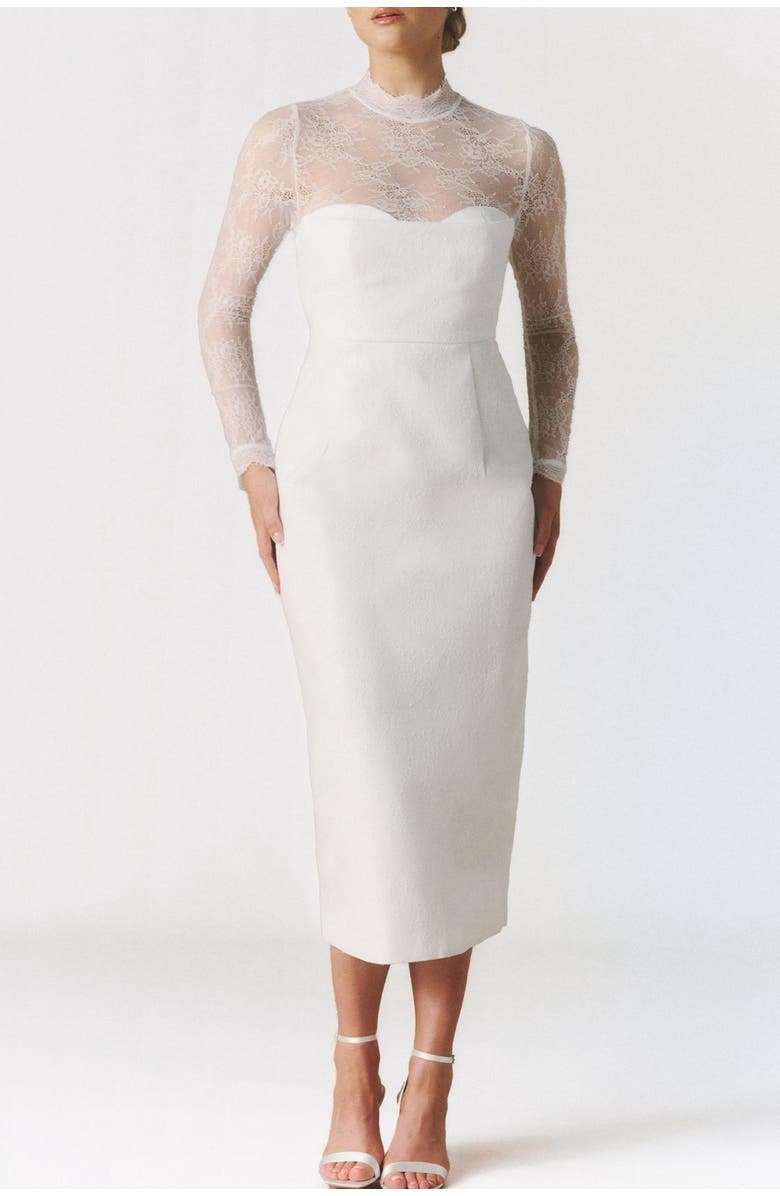 Six Stories Lace Sleeve Cup Detail Midi Dress, Alternate, color, White