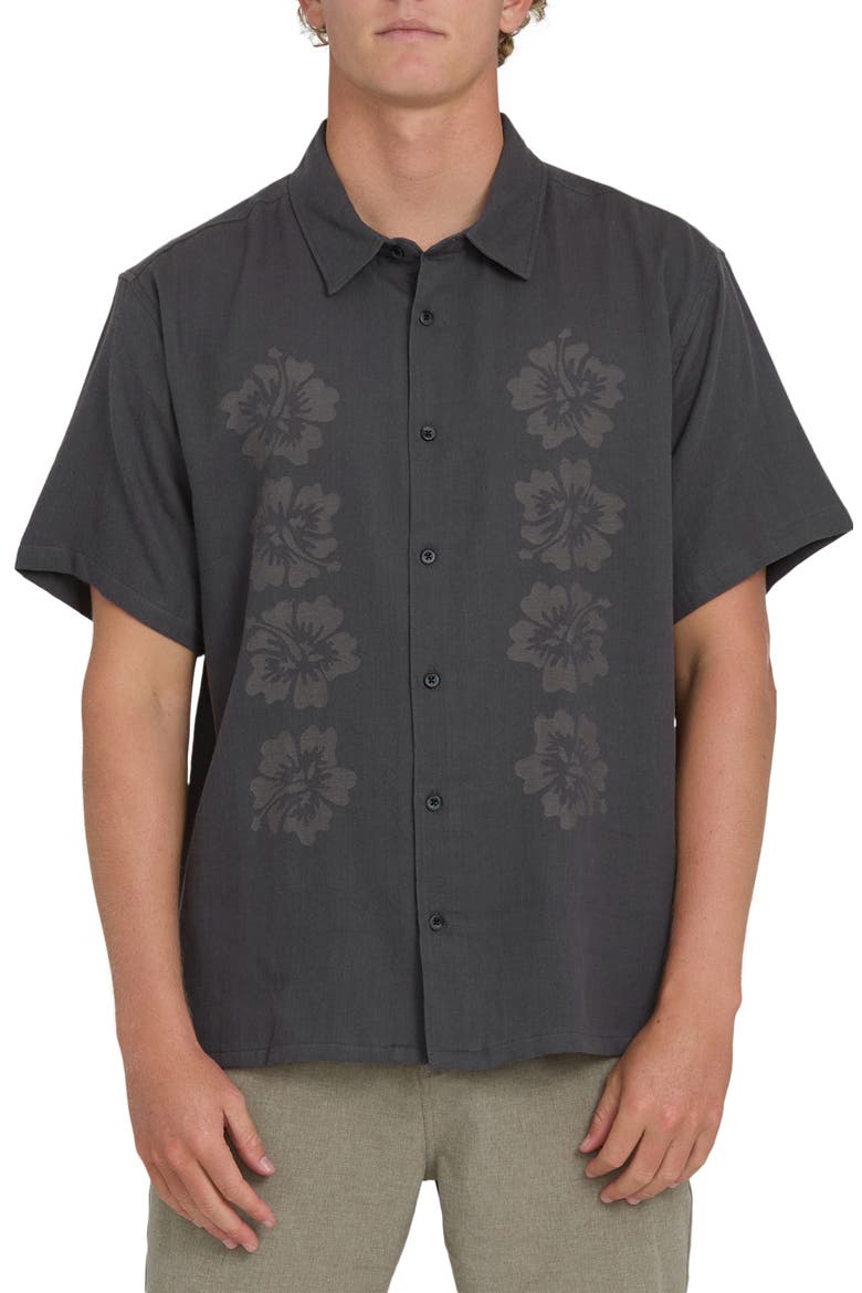 Cordoba Regular Fit Hibiscus Short Sleeve Knit Button-Up Shirt, Main, color, RAVEN
