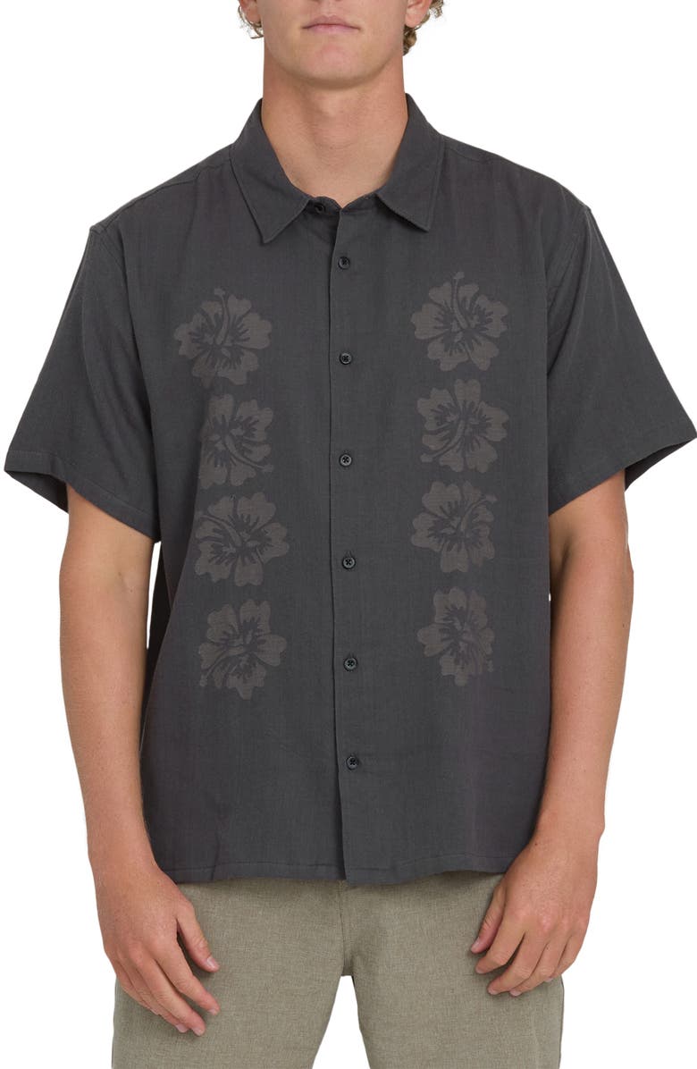 Billabong Cordoba Regular Fit Hibiscus Short Sleeve Knit Button-Up Shirt, Main, color, Raven