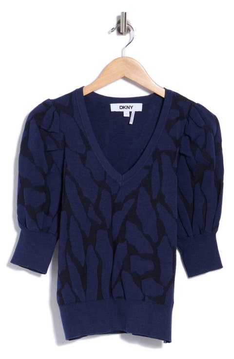 Puff Sleeve Textured V-Neck Sweater