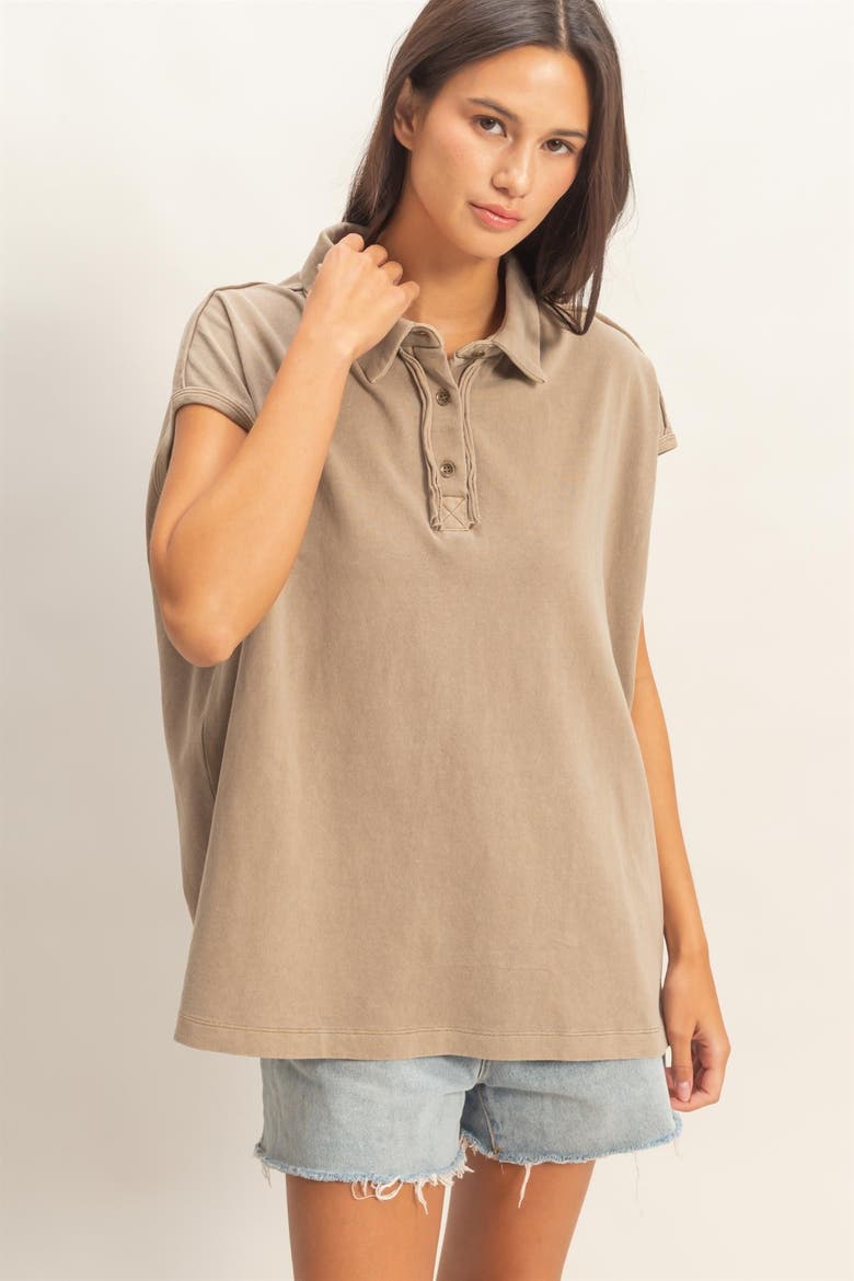 Pigment Dye Sleeveless Polo Oversized Top, Alternate, color, Mocha