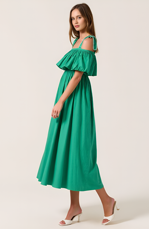 Modenaire Off-shoulder Ruffle Midi Dress In Green