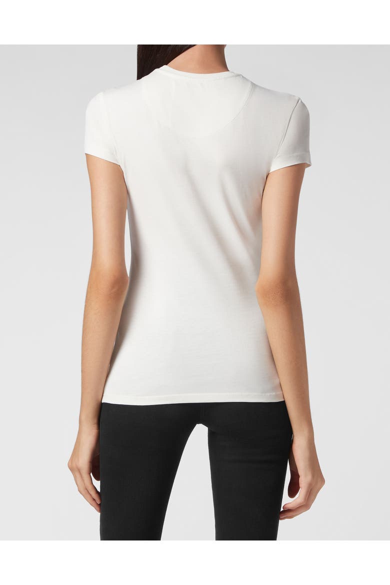 Satin T-Shirt Round Neck Ss Embroidery Signature Women, Alternate, color, Cream
