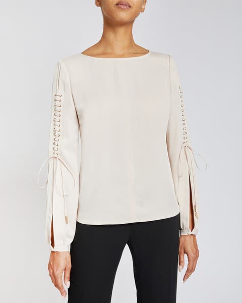 LIVI Long Sleeve Top with Grommet Detail in Smooth Crepe