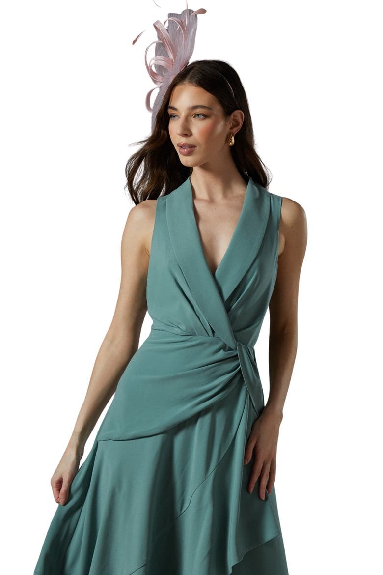 Shawl Collar Ruffle Hem Midi Dress, Alternate, color, Sage