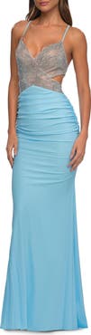 La Femme Ruched Gown with Rhinestone Bodice and Side Cutouts