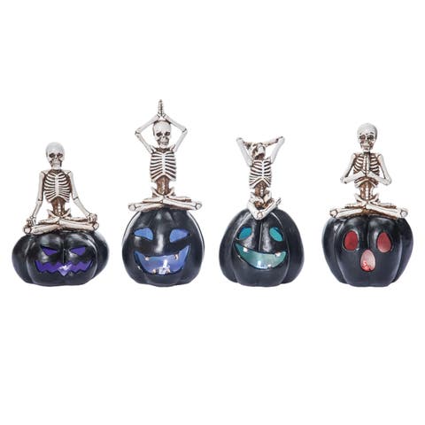 Light Up Black Pumpkin with Yoga Skeleton Halloween Decor