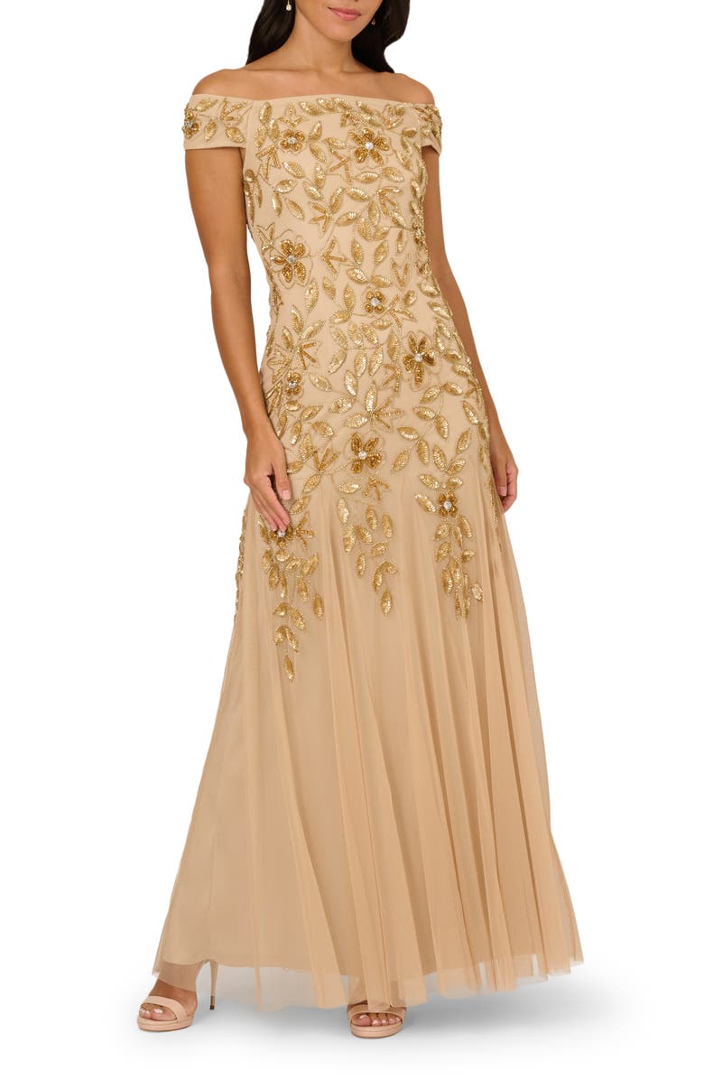 Adrianna Papell Sequin Floral Off the Shoulder Gown, Main, color, Champagne Gold