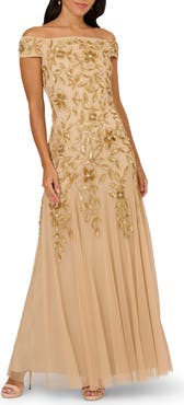 Adrianna Papell Sequin Floral Off the Shoulder Gown