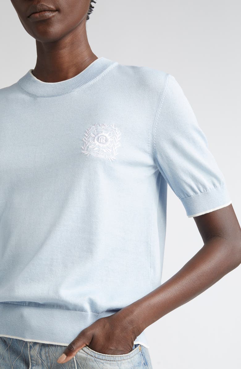 Balmain Embroidered Logo Tipped Silk & Cotton Sweater, Alternate, color, Blue/ White