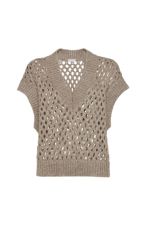 Brunello Cucinelli Beige Silk And Linen Dazzling Net Sweater In Brown
