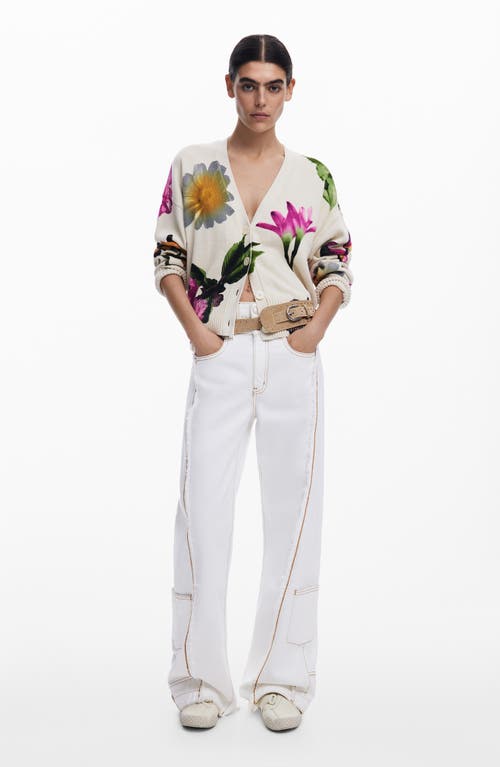 Desigual Floral-print Button Cardigan In Light Beige