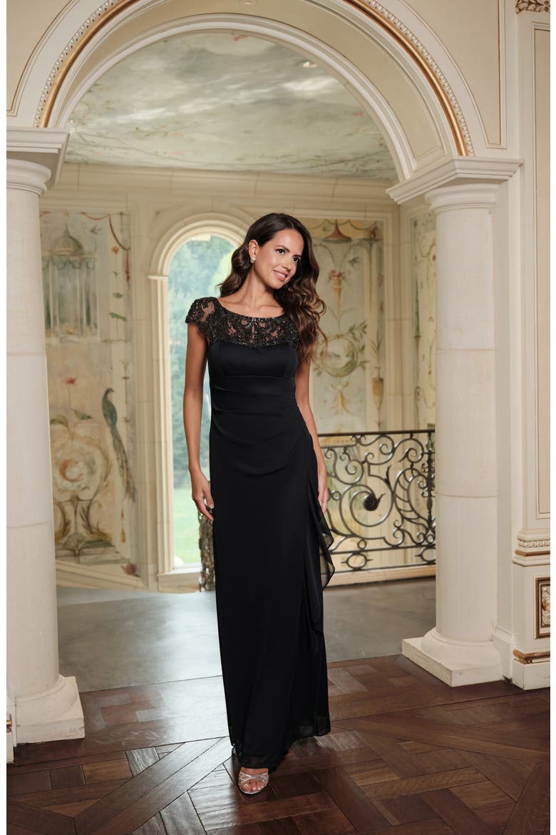 Embellished Illusion Yoke Column Gown, Alternate, color, NAVY