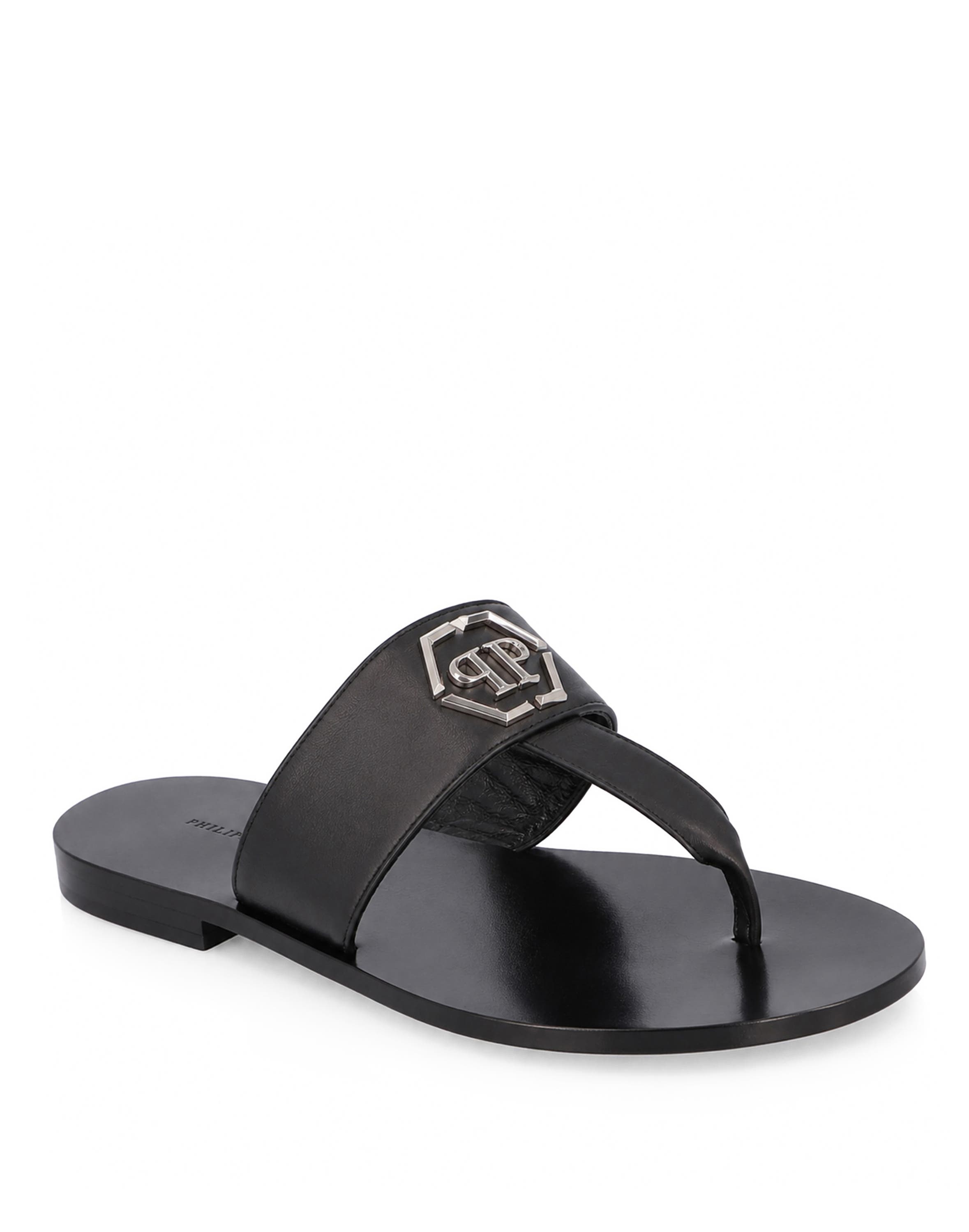 Leather Flat Sandals Hexagon Men, Main, color, black