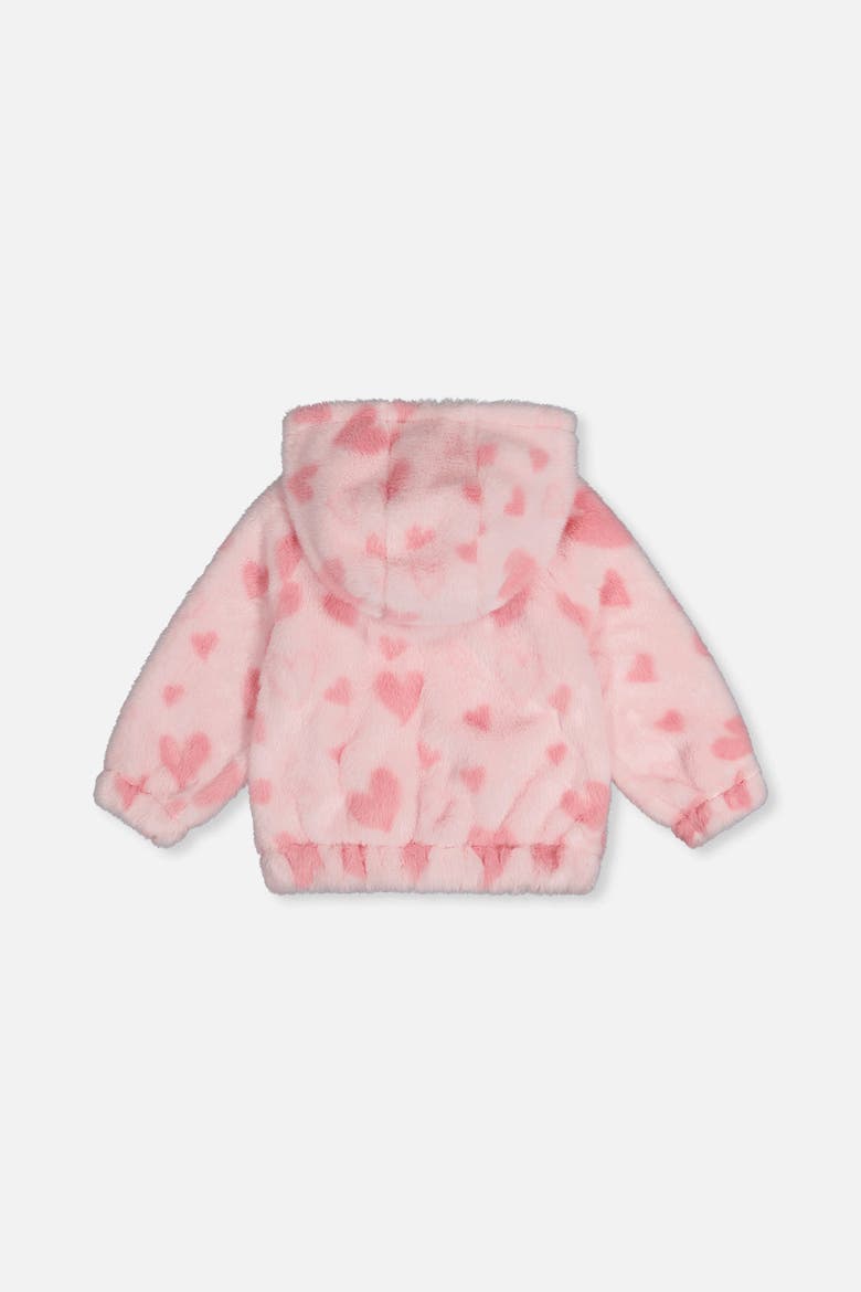 Hooded Full Zip Heart Jacquard Kangaroo Pocket Faux Fur Jacket, Alternate, color, Pink Printed with Hearts