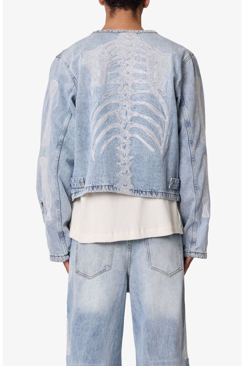 Skeleton Denim Moto Jacket, Alternate, color, WASHED BLUE