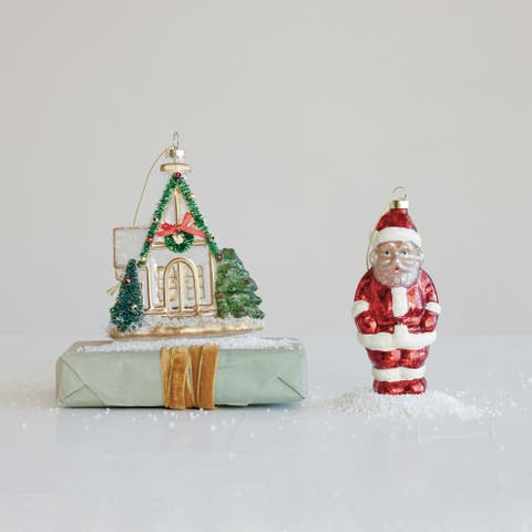 Glass Chapel Ornament with Vintage Bottle Brush Tree