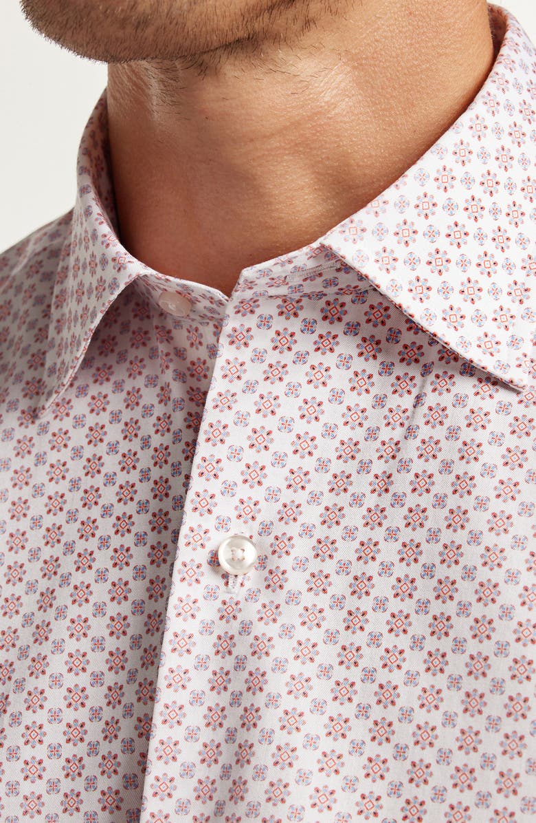 David Donahue Neat Floral Medallion Cotton Button-Up Shirt, Alternate, color, White/ Coral