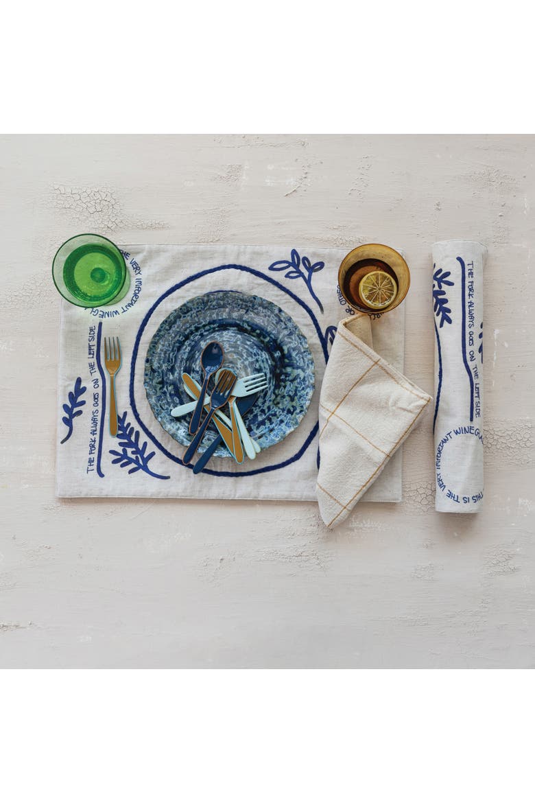 Woven Cotton and Linen Embroidered Placemat with Fruit, Leaves and Saying, Natural and Blue, Alternate, color, Blue