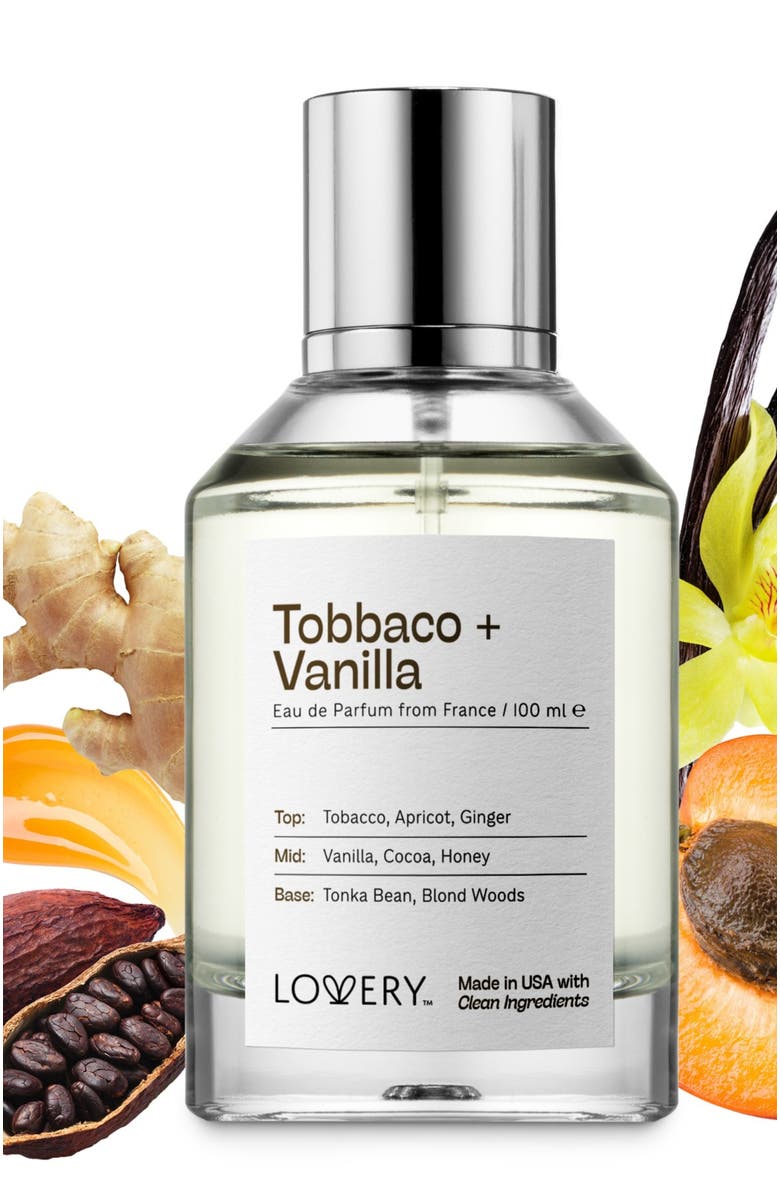 Lovery Tobacco and Vanilla Eau de Parfum, Made in USA, 3.4 oz, Main, color, Silver, White, Cream, Black