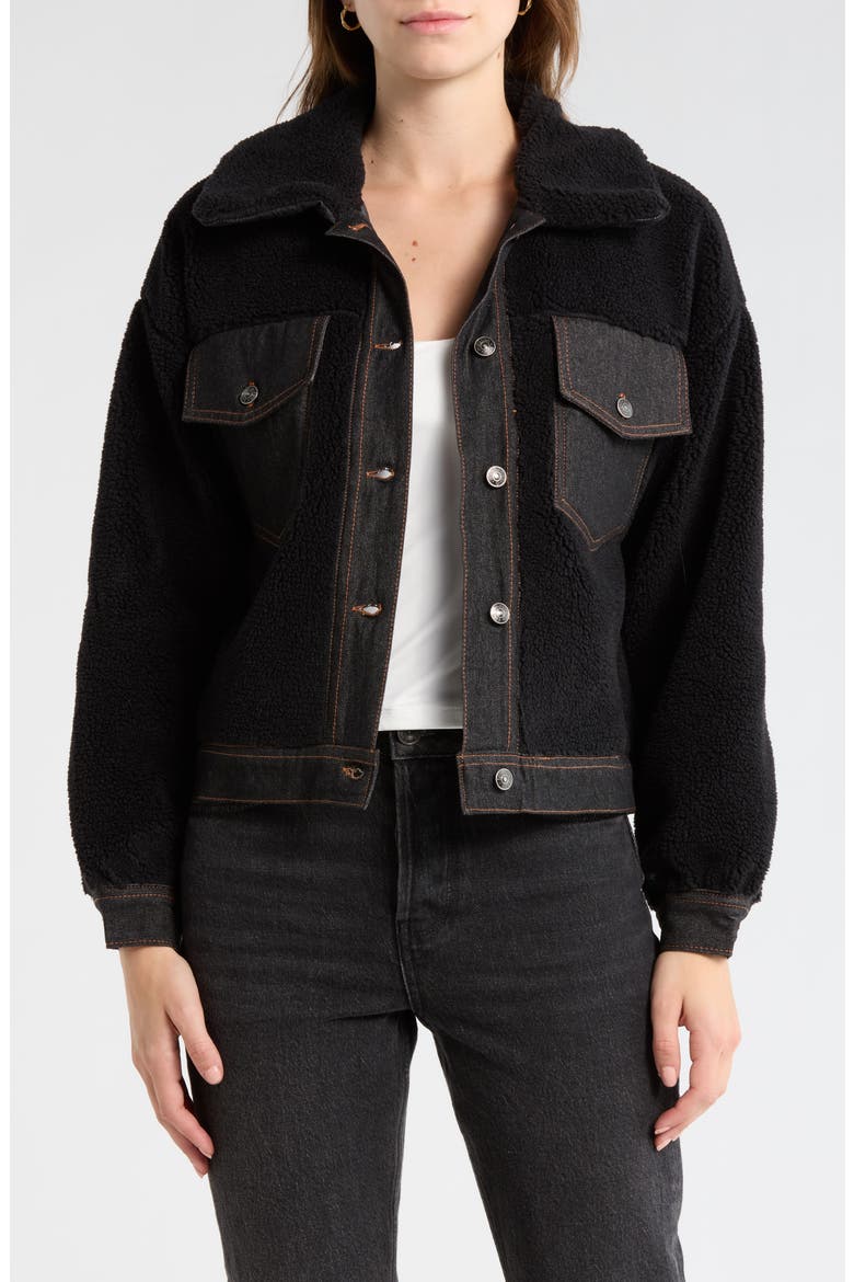 Denim Trim Faux Shearling Shacket, Main, color, BLACK
