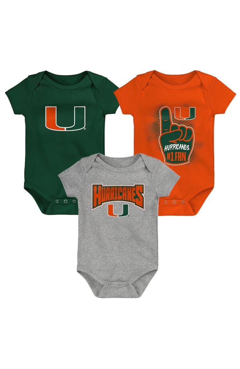 Outerstuff Newborn & Infant Green/Orange/Heathered Gray Miami Hurricanes 3-Pack Game On Bodysuit Set, Main, color,