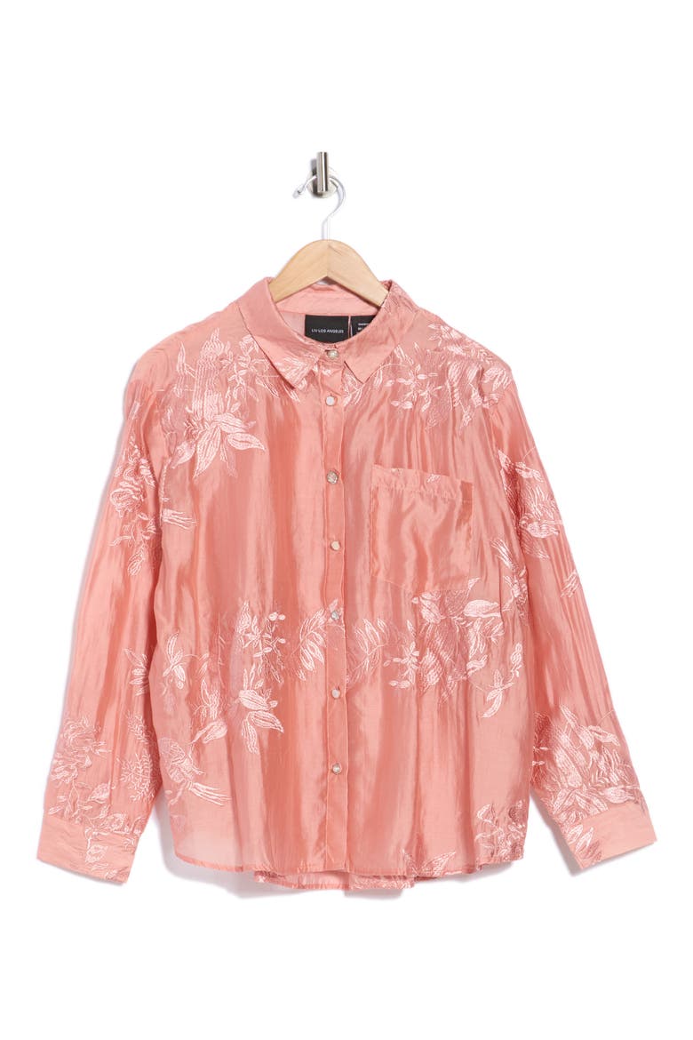 Embroidered Button-Up Shirt, Alternate, color, ROSE TAN