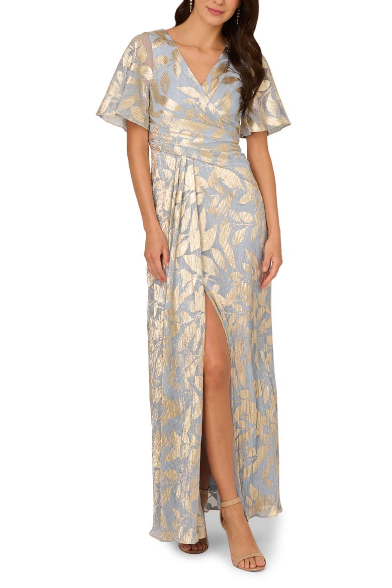 Metallic Leaf Jacquard Draped Gown, Main, color, LIGHT BLUE/ GOLD