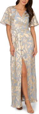 Adrianna Papell Metallic Leaf Jacquard Draped Gown