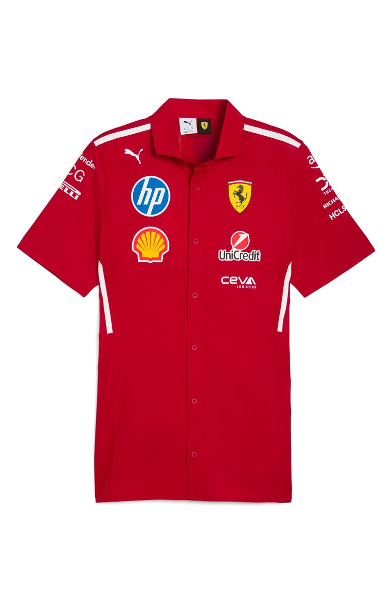 PUMA Scuderia Ferrari 2025 Team Short Sleeve Stretch Cotton Poplin Button-Up Shirt, Alternate, color, Dark Cherry