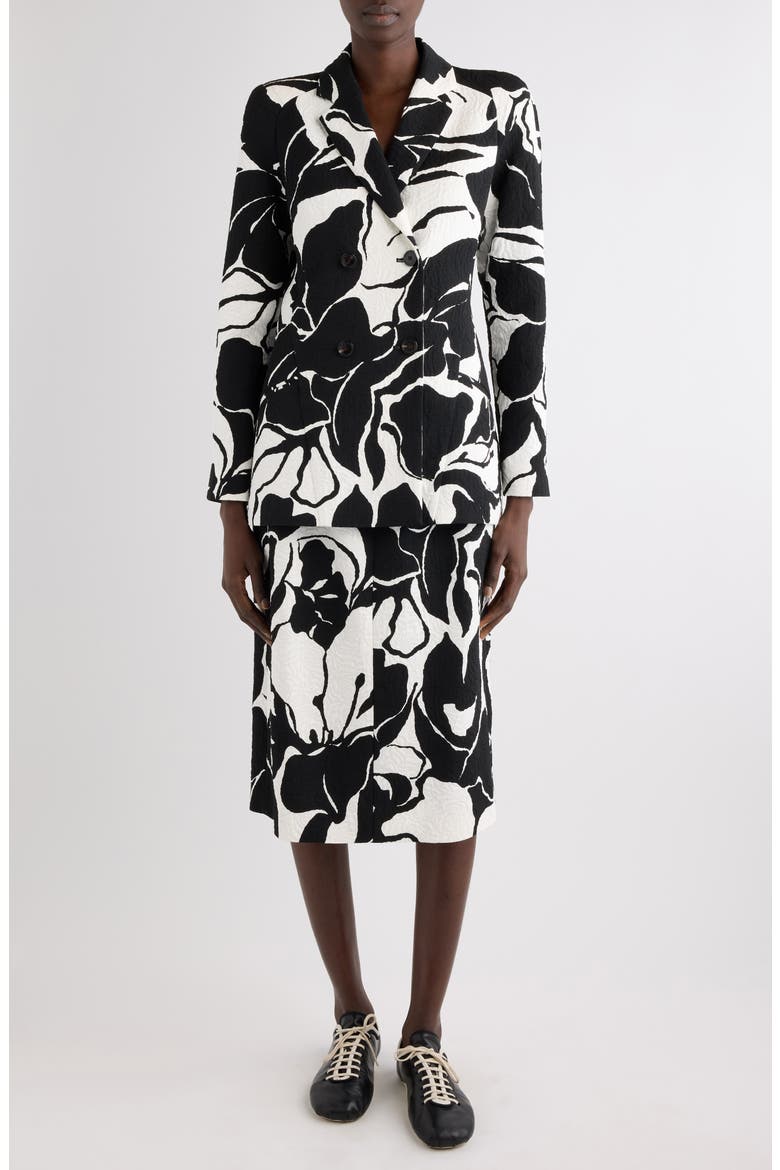 Floral Screenprint Jacquard Longline Blazer, Alternate, color, BLACK